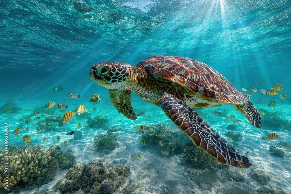 Obraz premium Photographic underwater wildlife: sea turtle amid reef and fish in vibrant hues