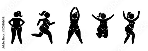 Curvy woman stick figure poses, running, jumping, dancing and standing, minimal female silhouette vector set for body positivity and fitness concepts.