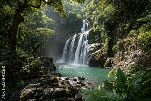 Photographic view of a tropical waterfall cascade in Costa Rica's lush jungle