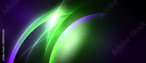 Abstract vibrant curves, luminous green, purple hues. Bright light radiates from center, dark background creates contrast. Smooth gradients define shapes.