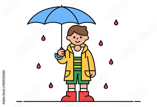 Child in raincoat holding umbrella, flat design, rainy scene isolated