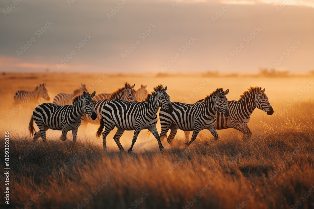 Naklejka premium Wild Zebras Galloping Across the Plains in the Magical Light of Dawn