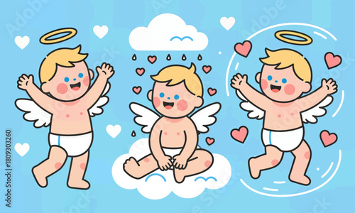 Cute cupid angels with wings and halos, playful vector illustration