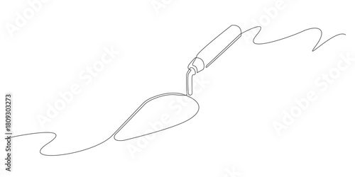 Continuous line drawing of a hand shovel used for digging soil. One line drawing of a small garden trowel with a curved blade and simple handle.