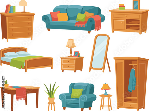 Cartoon furniture illustration, cozy home decor, wooden furnishings, teal sofa, bedroom setup, stylish interior, warm ambiance, decorative elements