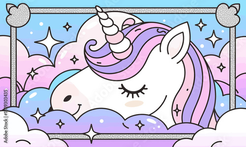 Cute unicorn illustration, whimsical style, dreamy clouds, and stars