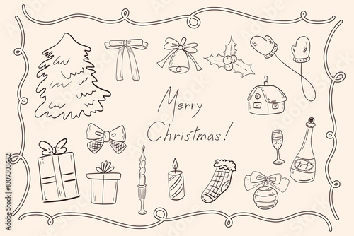 Hand drawn sketch Christmas elements set. Retro vintage new year party. Whimsical decor with Christmas essentials for menus and invitations. Contour coquette vector illustration.