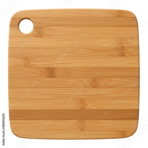 A square bamboo cutting board with rounded corners and a hole for hanging shown isolated on a black background