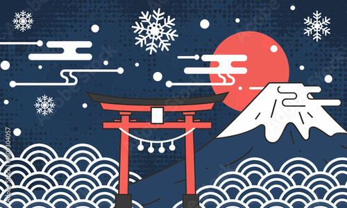 Japanese torii gate with Mount Fuji in winter, minimal illustration