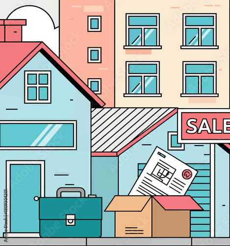 Minimal real estate scene with house and sale sign, flat style