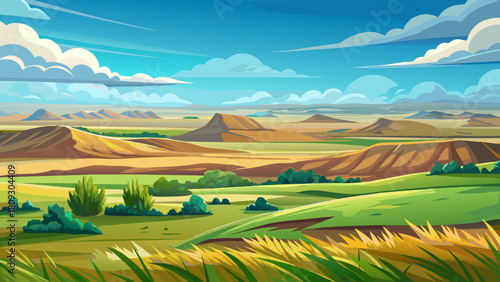 Very beautiful illustration of open prairie grasslands in northern America, featuring sweeping green fields, soft rolling terrain, and a wide Dakota-style sky in a clean, simple, non-specific landscap