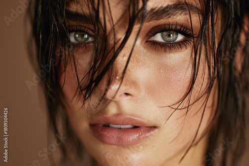 Powerful head-and-shoulders portrait of a young woman with wet hair, subtle cosmetics, intense gaze, and clean copyspace