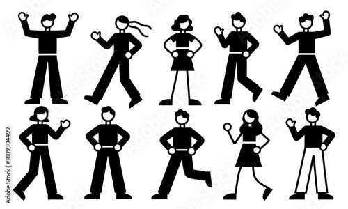 Stick figure people, minimal design, various actions, isolated