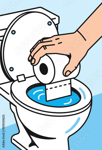 Toilet paper being dropped in toilet, minimal flat illustration