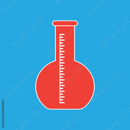 Red volumetric flask graphic with scale, essential for precise liquid measurements in lab chemistry and scientific research