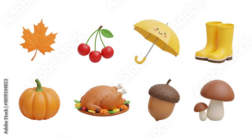 3d render of autumn and thanksgiving elements set, isolated on transparent background