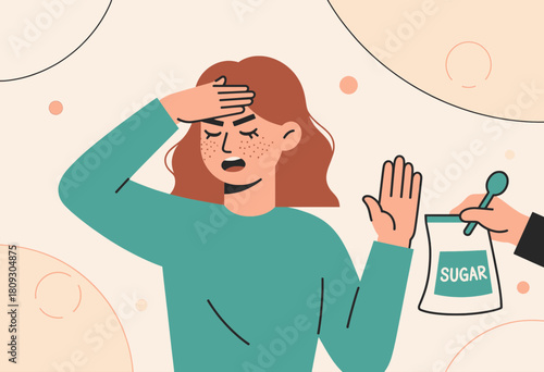 Unhappy person resisting a spoonful of sugar, colorful vector illustration
