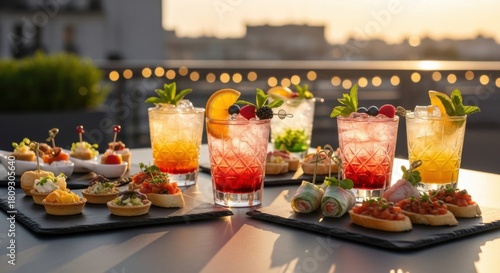 Colorful Cocktail Drinks and Appetizers on Sunset Rooftop Table