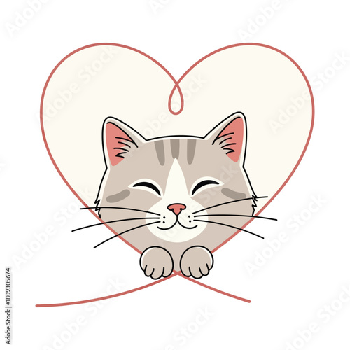 Cute tabby cat with heart shaped outline isolated on white background illustration