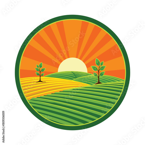 Scenic rolling hills with a rising sun and young trees in a circular emblem design