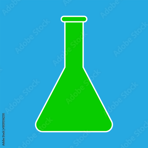A simplistic green laboratory flask icon with a white outline on a solid blue background representing scientific research and experimentation