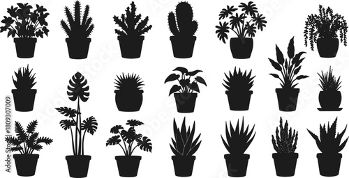 Black potted plant silhouette, cactus vector, succulent outline, tropical leaves, indoor foliage, botanical illustration, houseplant design, decorative shapes, nature art
