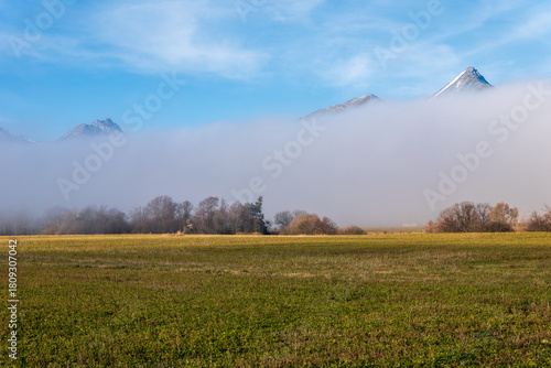 High Tatras peaks emerging from a thick inversion fog above fields and trees under a clear blue sky.