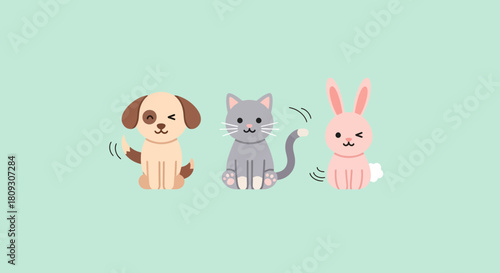 Adorable Cartoon Pet Characters Dog Cat and Bunny on Pastel Green Background