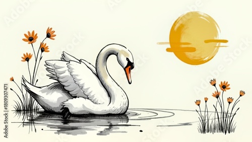 Fototapeta Naklejka Na Ścianę i Meble -  White Swan on the Yellow Sun Decoration by the Water