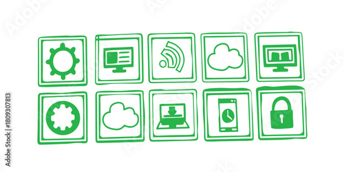 Set of green technology and cloud service icons on white background