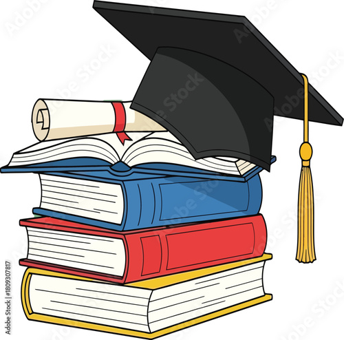 Vector, illustration, books and graduation cap for educational design assets, school, university,