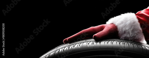 Tire service and the hands of a mechanic dressed as Santa holding a new tire, against a black background with space for text