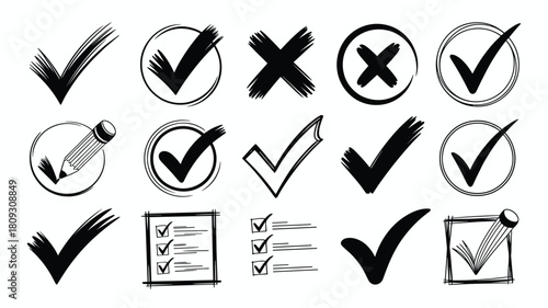 Hand drawn check mark symbols collection approval icons and checklist boxes for survey and to do list items