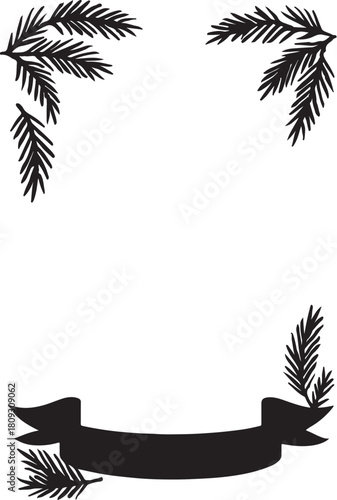 christmas decoration card frame with red ribbon band and fir tree branches isolated on white or transparent vector art silhouttes 
