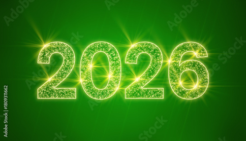 Illustration of abstract neon light with the numbers 2026 over green background - represents the new year - vacation concept.