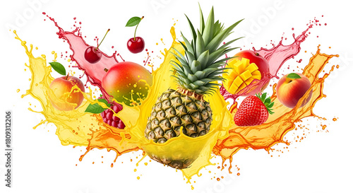 Vibrant tropical fruit splash with pineapple, mango, strawberry, cherry, peach, and grape isolated on transparent background