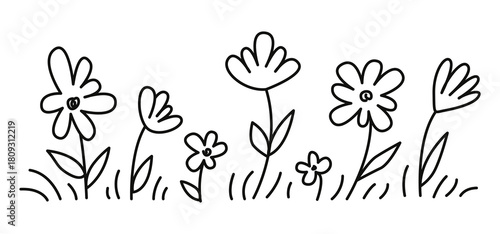 Childish floral Sketch, linear hand drawn spring plants. Simple daisy flowers, leaves, grass in brush stroke ink style. Vector illustration isolared