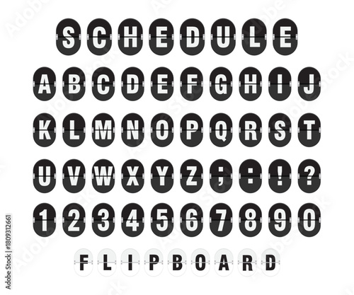 Scoreboard flip font. Realistic mechanical scoreboard with alphabet, Letters, Numbers and symbols on panel. Vector illustration.