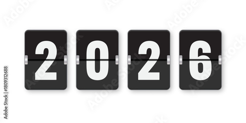 New Year 2026. Flip clock display showing the year 2026 in bold white numbers on black panels. Modern vector illustration of a split-flap countdown or calendar concept, isolated on white background.