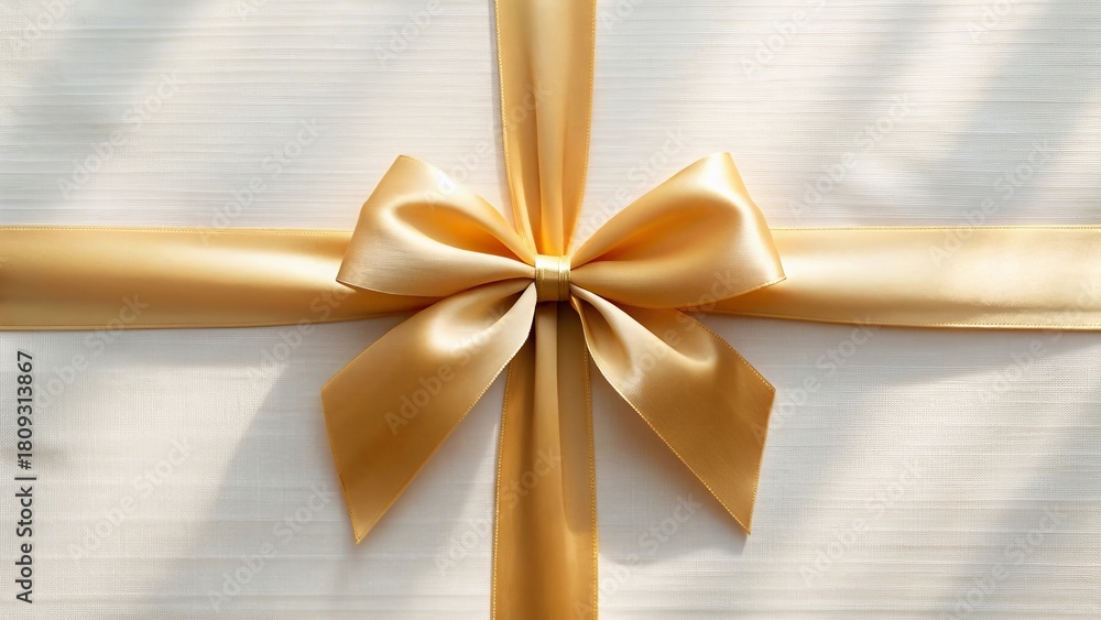 Fototapeta premium Close up view of a golden ribbon bow on a white surface