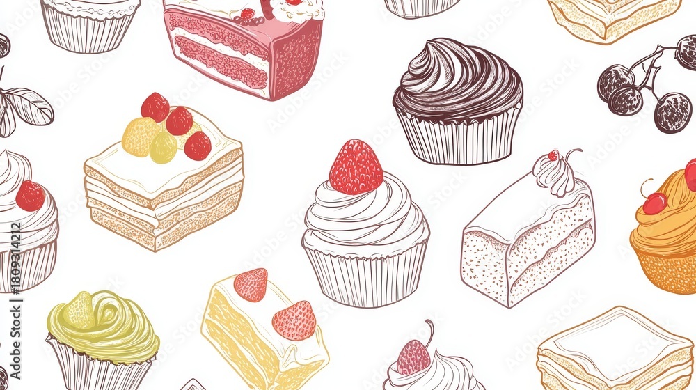 Continuous line drawing, various cakes, cupcakes, pie slices, fruit toppings, seamless pattern, vector graphic, banner, flyer, cover, poster, texture, border, minimalist aesthetic, one line style,