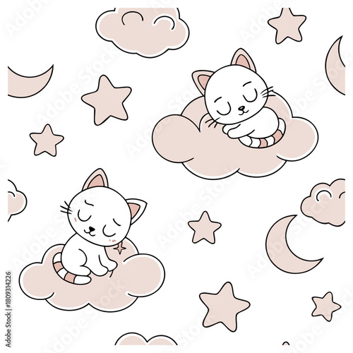 Soft Pastel Seamless Pattern of Cute Cats Sleeping on Clouds with Stars