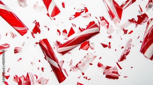 Crushed candy cane pieces, vibrant red and white fragments, irregular shapes, textured sugary surfaces, scattered randomly, isolated against a stark white background, dramatic lighting, high contrast.
