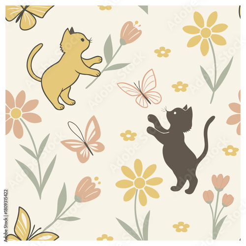 Cute Seamless Pattern of Cats Playing with Butterflies and Pastel Flowers