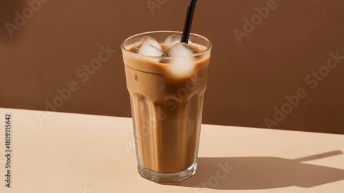 Iced latte in tall glass with black straw against brown backdrop, studio shot of refreshing coffee beverage