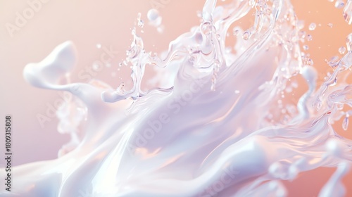 Milk jet, splash, intricate loops and swirls, fluid dynamics, white on pastel, 3D rendered illustration, soft focus, dreamy atmosphere
