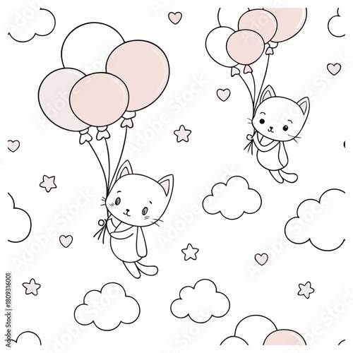 Cute Seamless Pattern of Cats Flying with Balloons Among Clouds and Stars