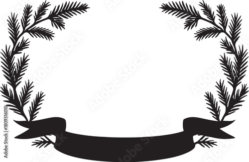 christmas decoration card frame with red ribbon band and fir tree branches isolated on white or transparent vector art silhouttes 