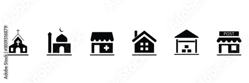 Building flat solid black icons. Flat vector icon set of residential buildings including church, mosque, pharmacy, house, warehouse, post office. Vector illustration.