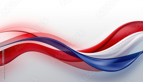 Vibrant abstract design featuring flowing, glossy ribbons in patriotic colors of red, white, and blue on a clean white background